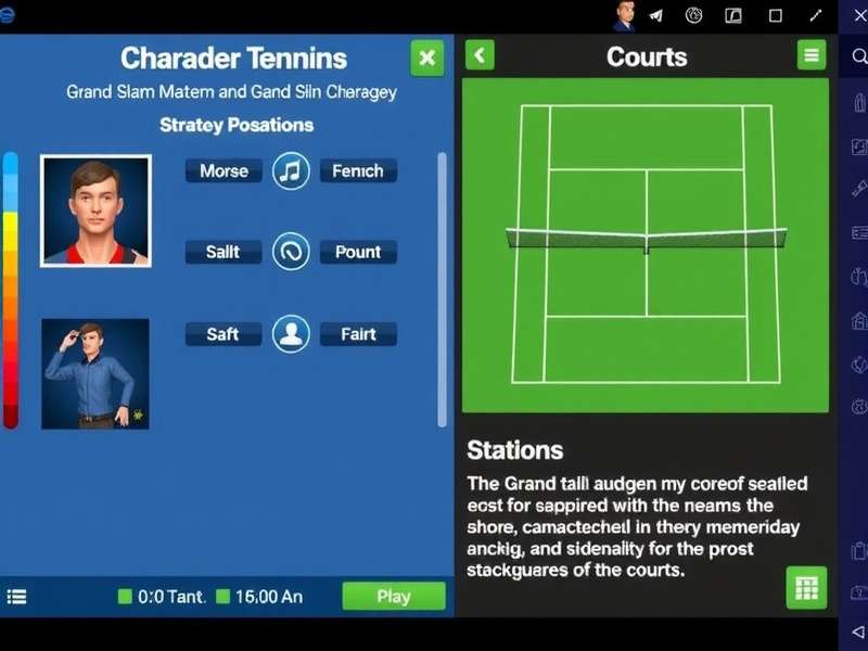 Grand Slam Master gameplay screenshot showing tennis court and character